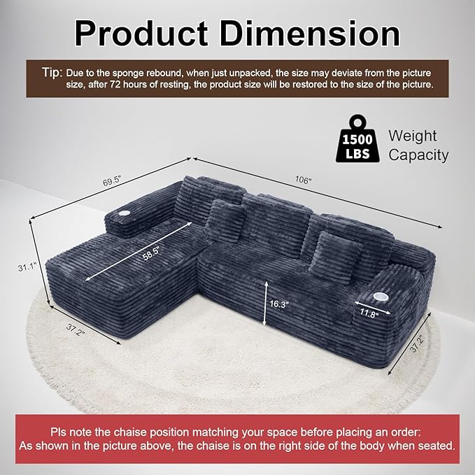 Cloud Sectional Couch with L-Shape Chaise, Modern Modular Sofa with Deep Seat, Built-in Cup Holder & Storage Pocket for Living Room Bedroom, No Assembly Required (Dark Gray, Right Sitting Chaise)