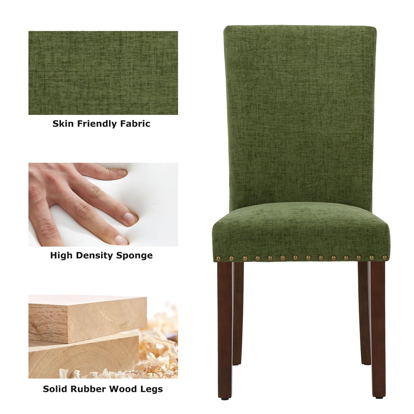 COLAMY Upholstered Parsons Dining Chairs Set of 4, Fabric Dining Room Kitchen Side Chair with Nailhead Trim and Wood Legs - Green