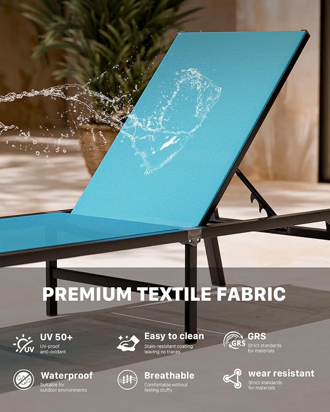 Aluminum Chaise Foldable Patio Lounge Chair Outdoor, Metal Deck Lounger Adjustable 5-Position Recliner Pool Chase Breathable Full Flat Outside Sun Tanning Chairs for Beach/Poolside/Lawn(Blue, 1 Pack)