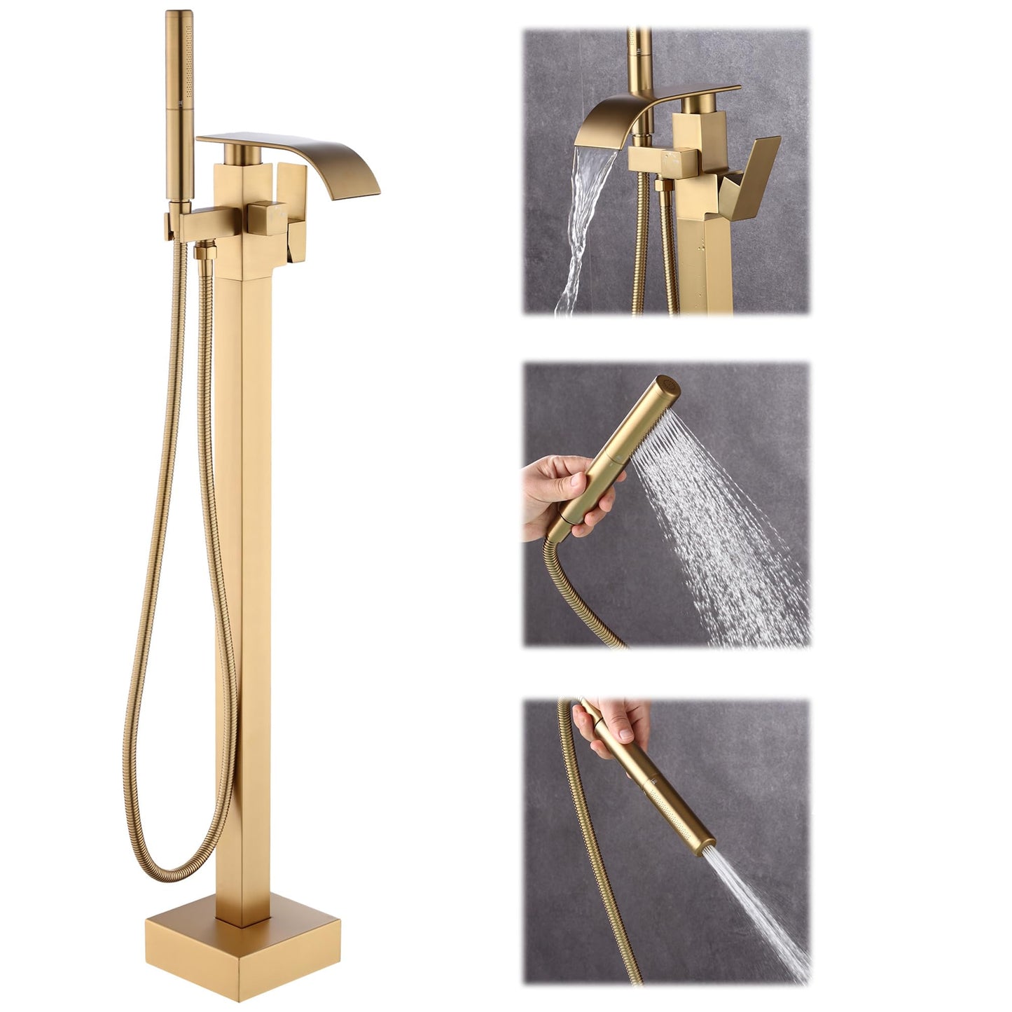 ALGRTS Waterfall Freestanding Bathtub Faucet, Floor Mount Bathroom Tub Filler Shower Faucets with Handheld Sprayer, Brushed Gold