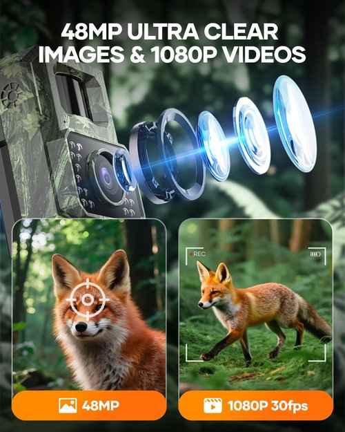 Assark Solar Trail Camera 48MP 30FPS, WiFi Bluetooth Game Camera with Motion Activated 0.2s Trigger, Night Vision Motion Activated IP66 Waterproof for Wildlife Scouting with 32GB Micro SD Card