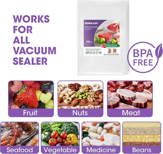 Vacuum Sealer Bags for Food, 100 Quart 8”x 12” Precut, Commercial Grade, BPA Free, Heavy Duty with Textured Surface & Puncture Prevention for Food Vac Storage, Freezer, Sous Vide, Meal Prep