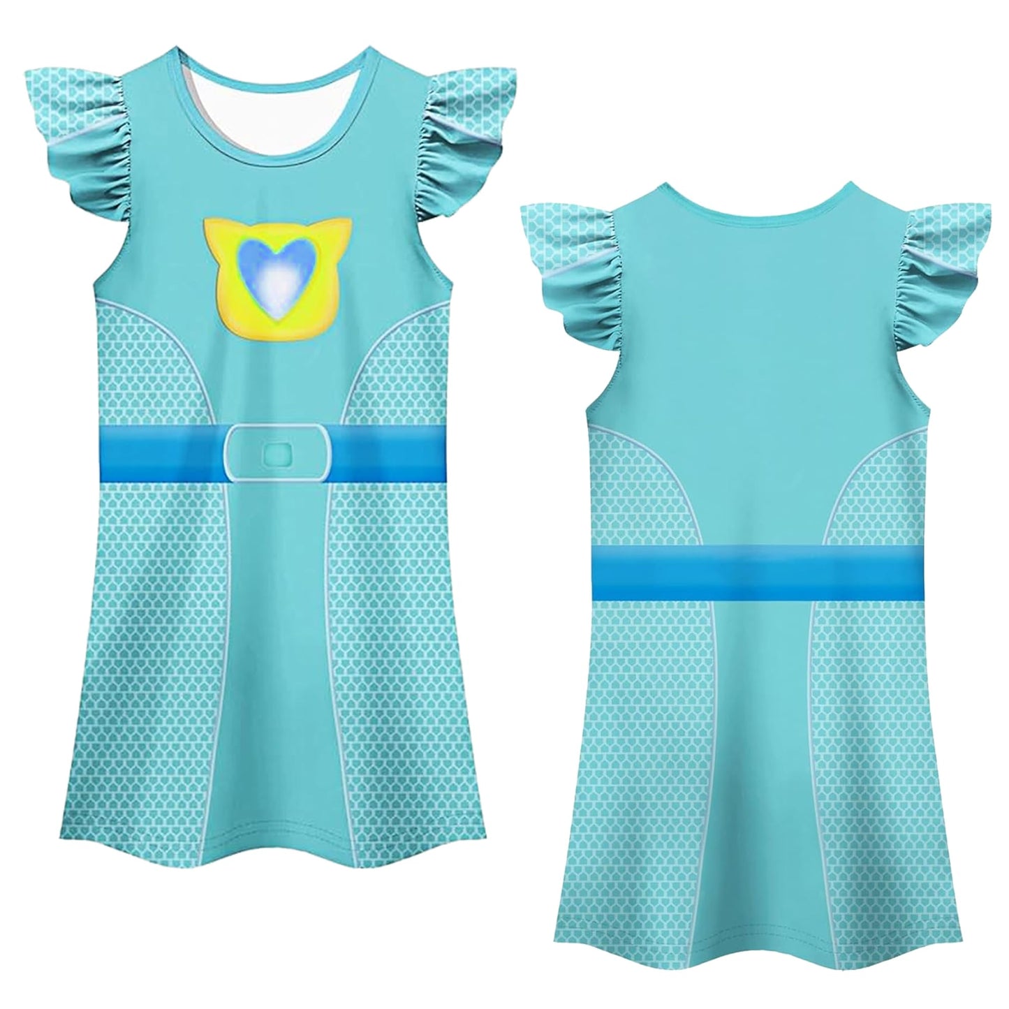 CheerfulChic Princess' Costume Set, Dress with Superhero Logo, Cat Ear Headbands, Mask, 4 Pieces, For Birthday Halloween Christmas （110cm/3-4T） Blue green