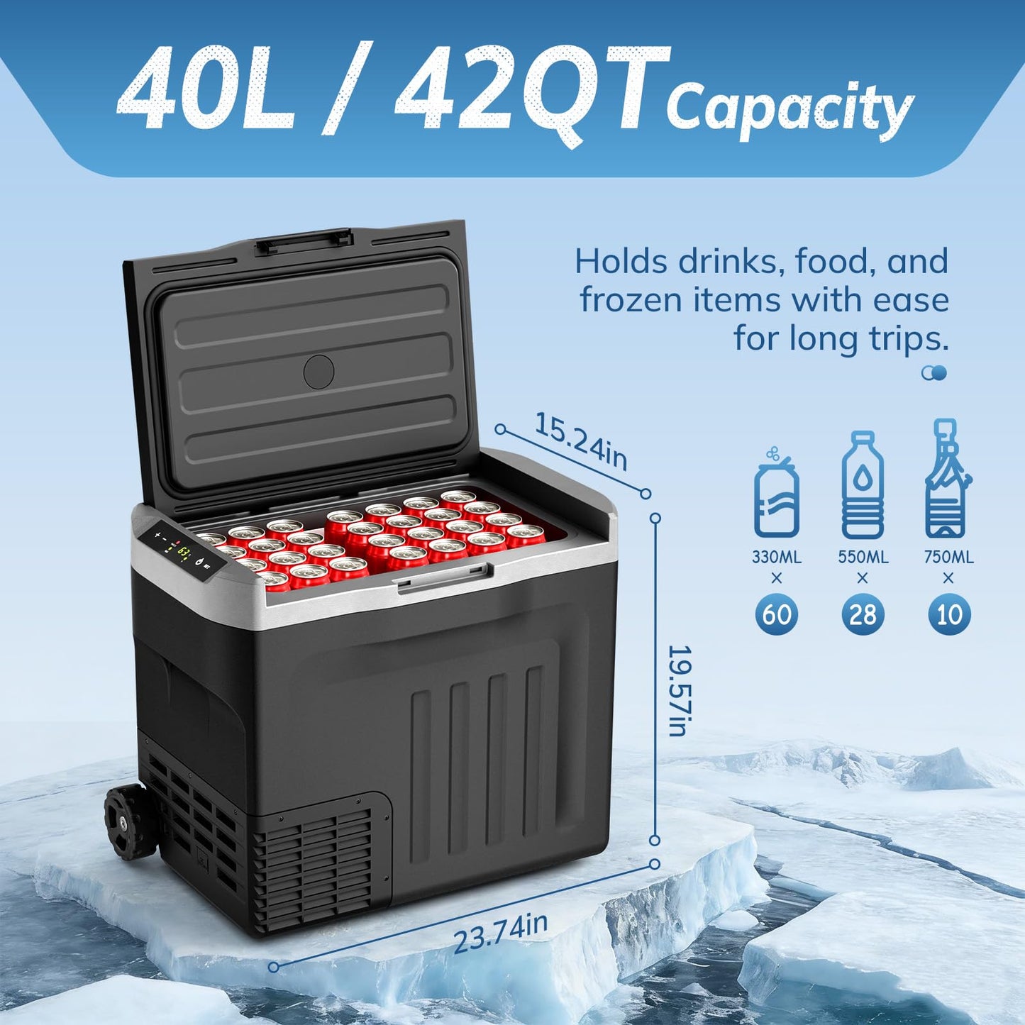 Antarctic Star Electric Cooler, 12 Volt Refrigerator 43Quart Portable Refrigerator 40LFreezer -4℉~68℉,12/24V DC 100~240V AC Car Fridge with Wheels&2 Baskets for Camping,Travel,RV,Car,BLACK