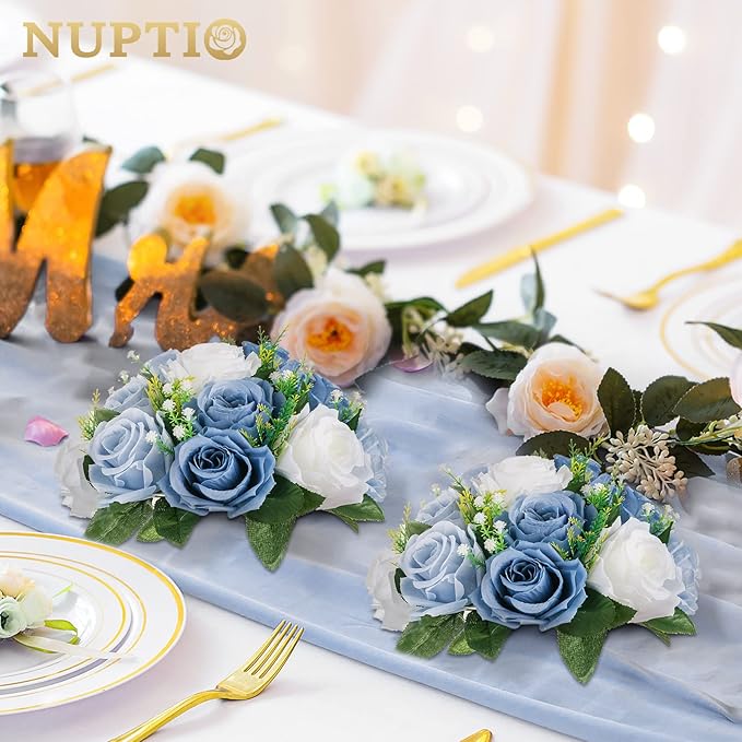 NUPTIO Wedding Floral Centerpieces for Tables: 6 Pcs Dusty Blue & White Fake Flower Ball for Weddings Party - Artificial Rose Arrangements for Birthday Bridal Shower Decorations