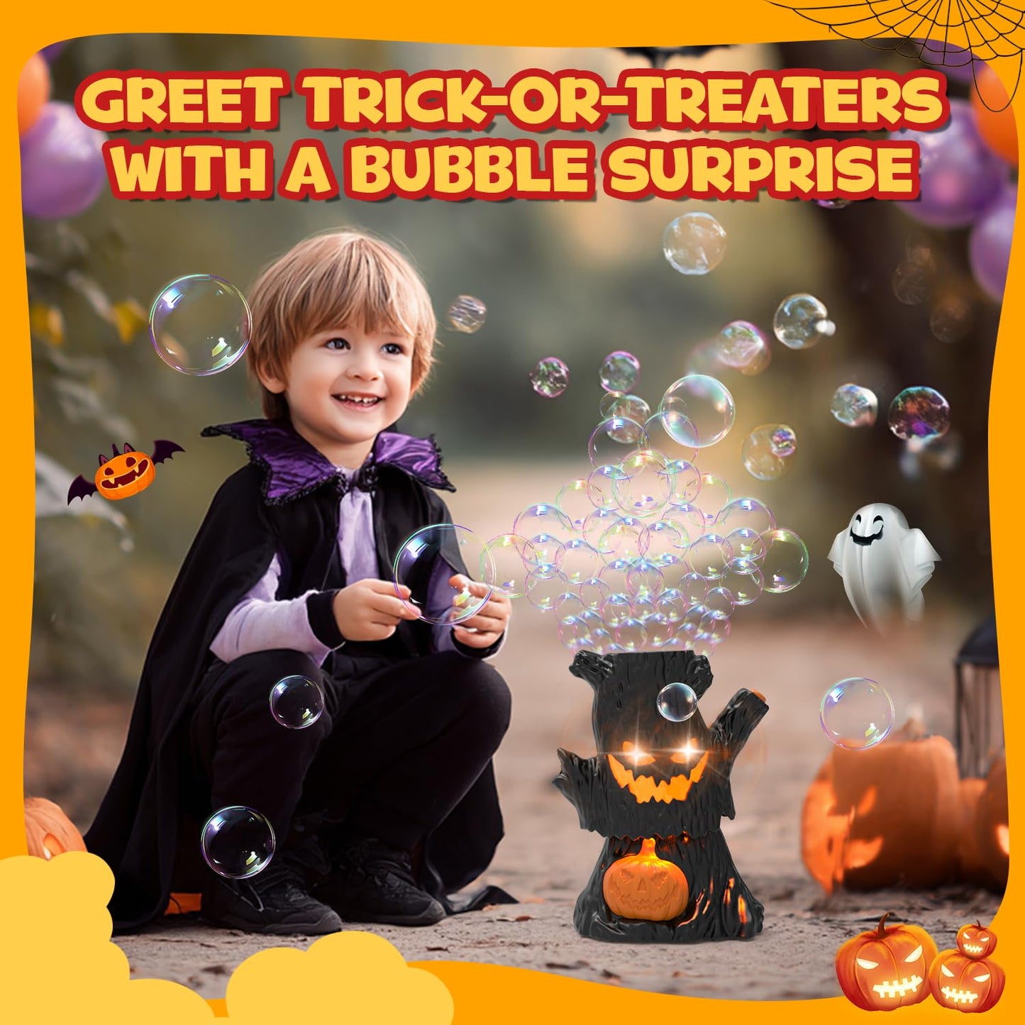 Halloween Bubble Machine, Haunted Stump Bubble Blower, USB Rechargeable, Wobbly Head Fun, Glow Eyes - Halloween Decorations Tree Toys Gifts for Kids, Boys, Girls