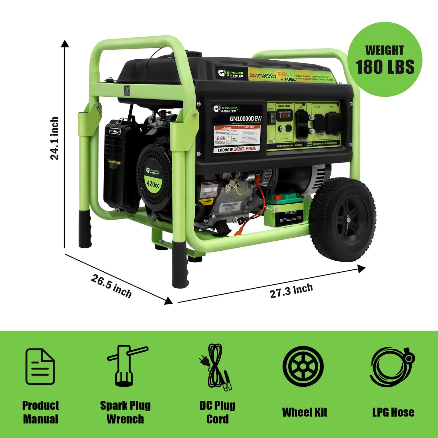 Green-Power America 10000 Watt Dual Fuel Portable Generator, Gas/Propane Powered, Electric Start, Home Backup & RV Ready