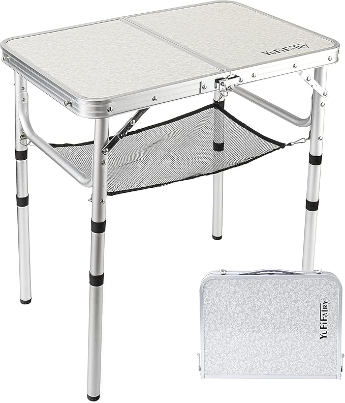 Small Folding Table 2 Foot, Portable Camping Table with Mesh Holders,Lightweight Aluminum Adjustable Height, with Carry Ha...