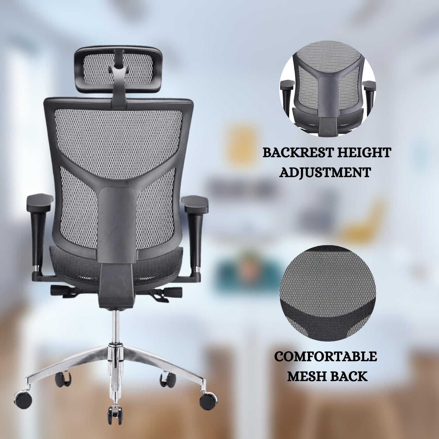 GM Seating Dreem II Ergonomic Office Chair - Mesh Hi Back Executive Desk Chair - Chrome Base with Headrest & Seat Slide - Modern Comfortable Desk Chair for Home & Office - 4D Adjustable Armrest Black