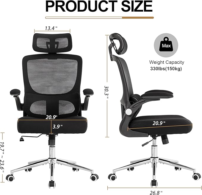 BOWTHY Ergonomic Office Chair,Home Mesh Office Desk Chairs,High Back Chair 330 LBS,Swivel Computer Task Chair with Adjustable Lumbar Support,Up&Down Flip-Up Arms,Rocking Function (Black)