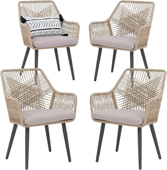 Patiorama Patio Dining Chair Set of 4, Woven Rope Outdoor Dining Chairs w/Steel Frame, All-Weather Twisted Rattan Chairs w/Armrest & Cushion, Outdoor Dining Wicker Chairs for Backyard Garden(Beige)