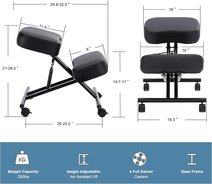 SOMEET Ergonomic Kneeling Chair, Modern Style, Kneeling Office Chair, Black Pu Kneeing Chair, Metal Frame, Foam Seat, 250 lbs Weight Capacity, Adjustable Height, Lockable Casters