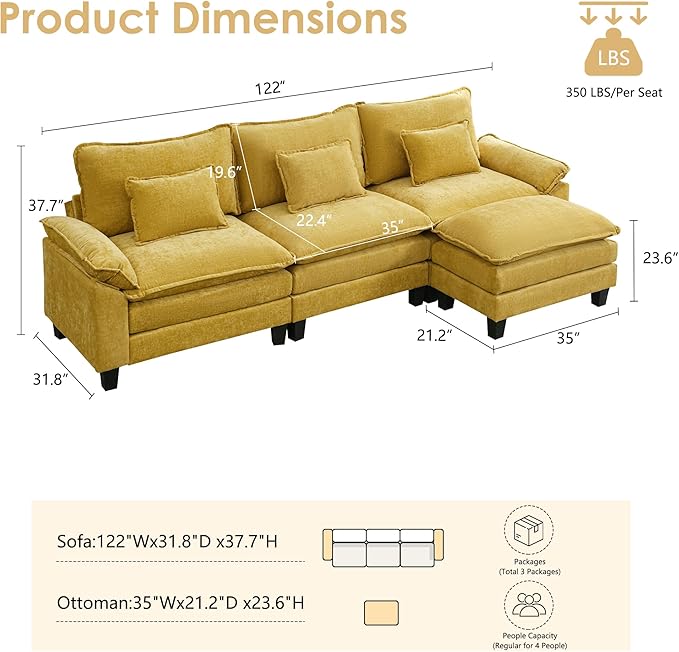 URRED Cloud Couch Modular Sectional Sofa, 122'' Modern L Shaped Deep Seat Sofa with Ottoman & Pillows, Ultra Comfy Chenille Couches for Living Room, Bedroom or Apartment. Yellow
