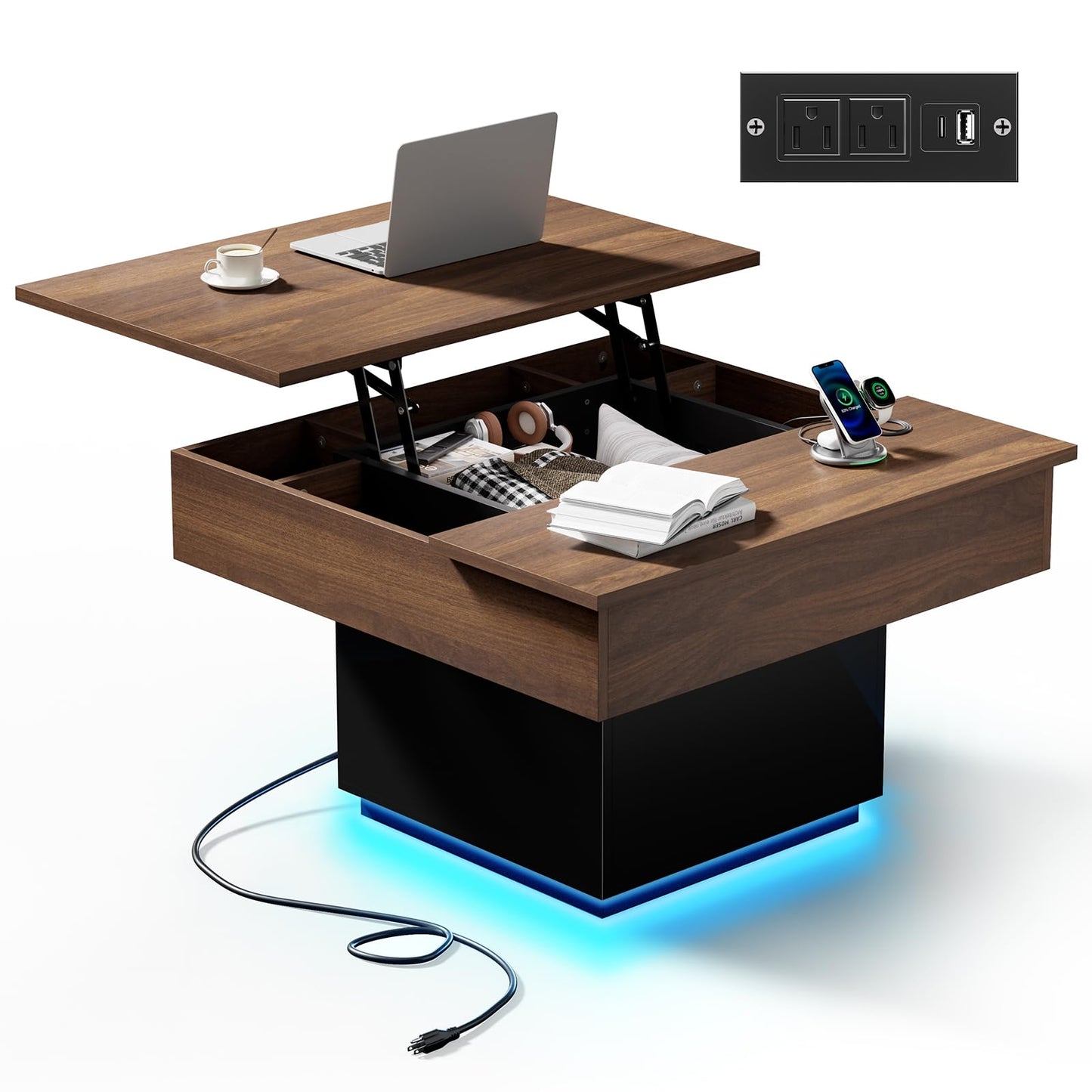 FABATO Lift Top Coffee Table with LED Light and Charging Station, 31.5 Inch Square Coffee Table with Hidden Storage, Modern Farmhouse Center Table for Living Room, Reception Dinning Room,Black