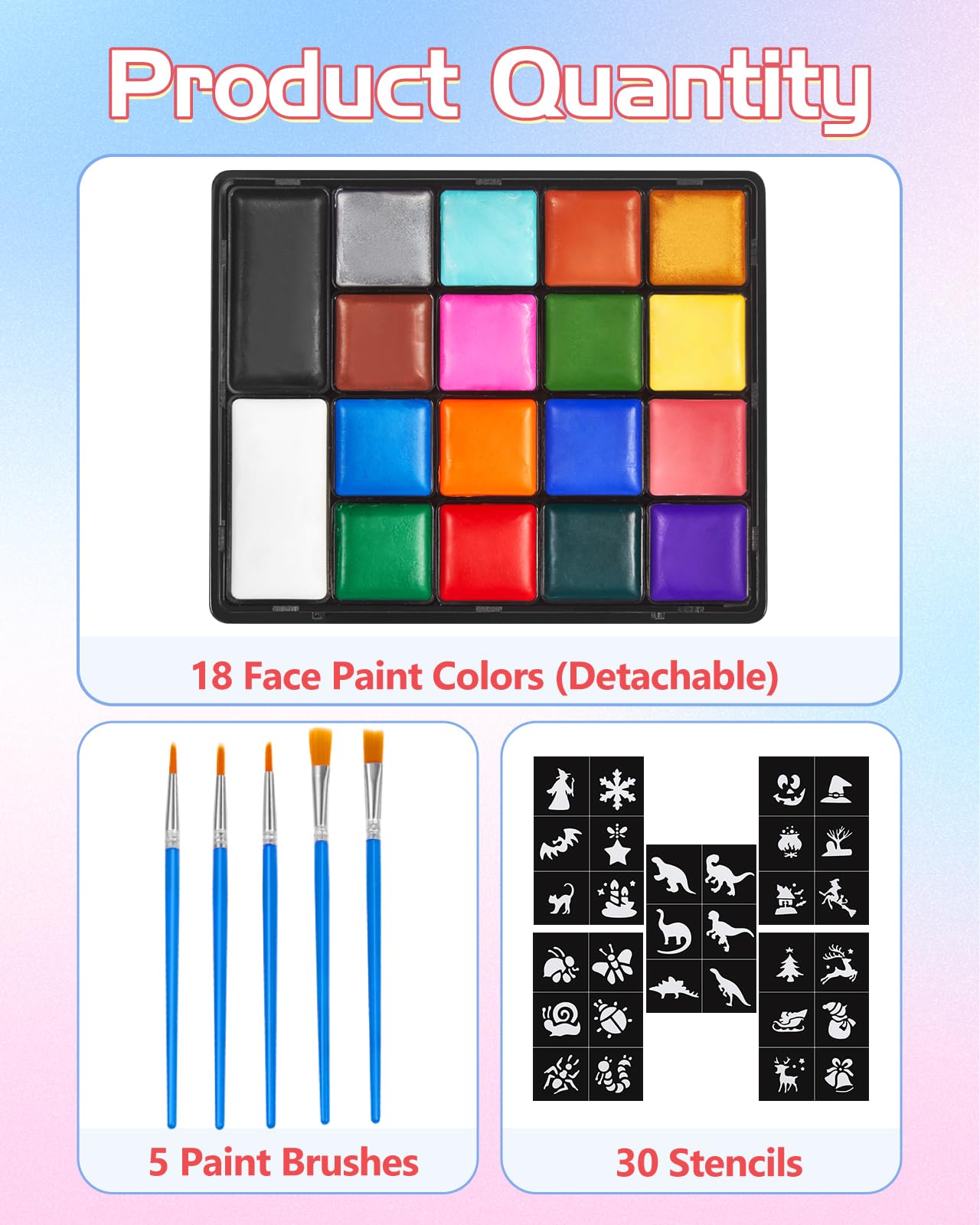Lictin Water Based Face Paint - 18 Colors Face Painting Kit with Stencils and Brushes, Halloween Makeup Kit for Adults and Kids, Professional Non Toxic Washable