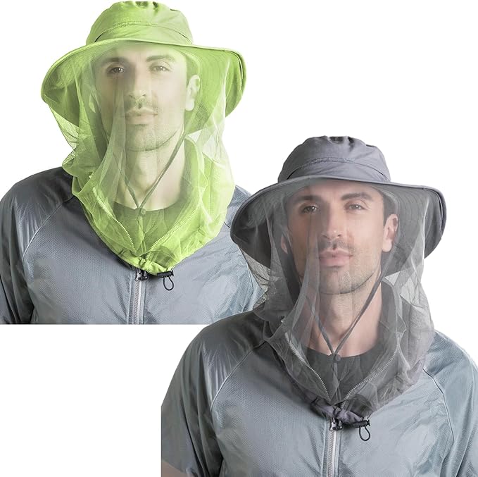 Peicees 2Pcs Head Net Hats for Men Women Adventure Fishing Hat Safari Hat for Hunting Camping Hiking, Green and Dark Gray