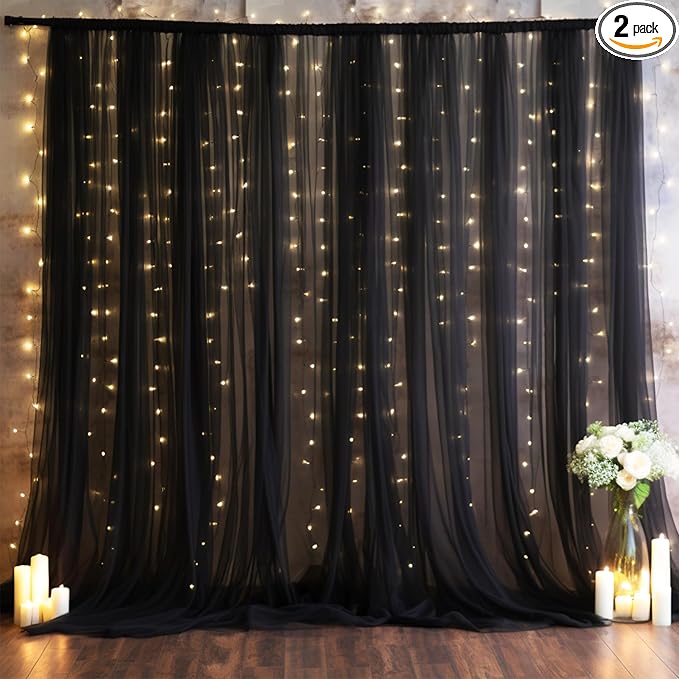 10x10ft Black Tulle Backdrop Curtain with Lights String for Parites, Sheer Photo Backdrop Curtains with Lights for Wedding...