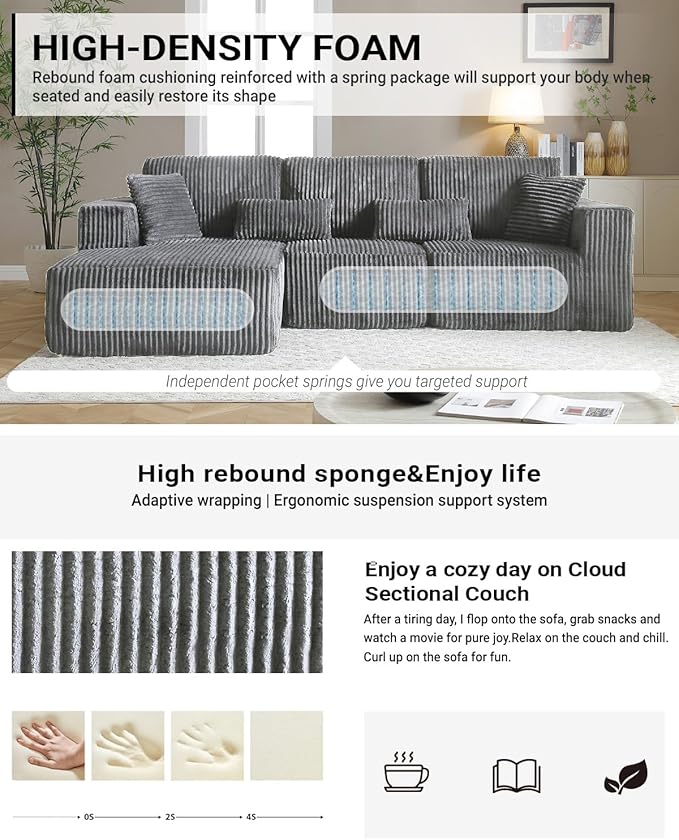 110” Modular Sectional Sofa, Cloud Sectional Couch with Deep Seat, Upholstered Boneless Couches for Living Room, Modern Modular L-Shape Sofa Couch with Chaise (Grey, 110" Right Facing Chaise)