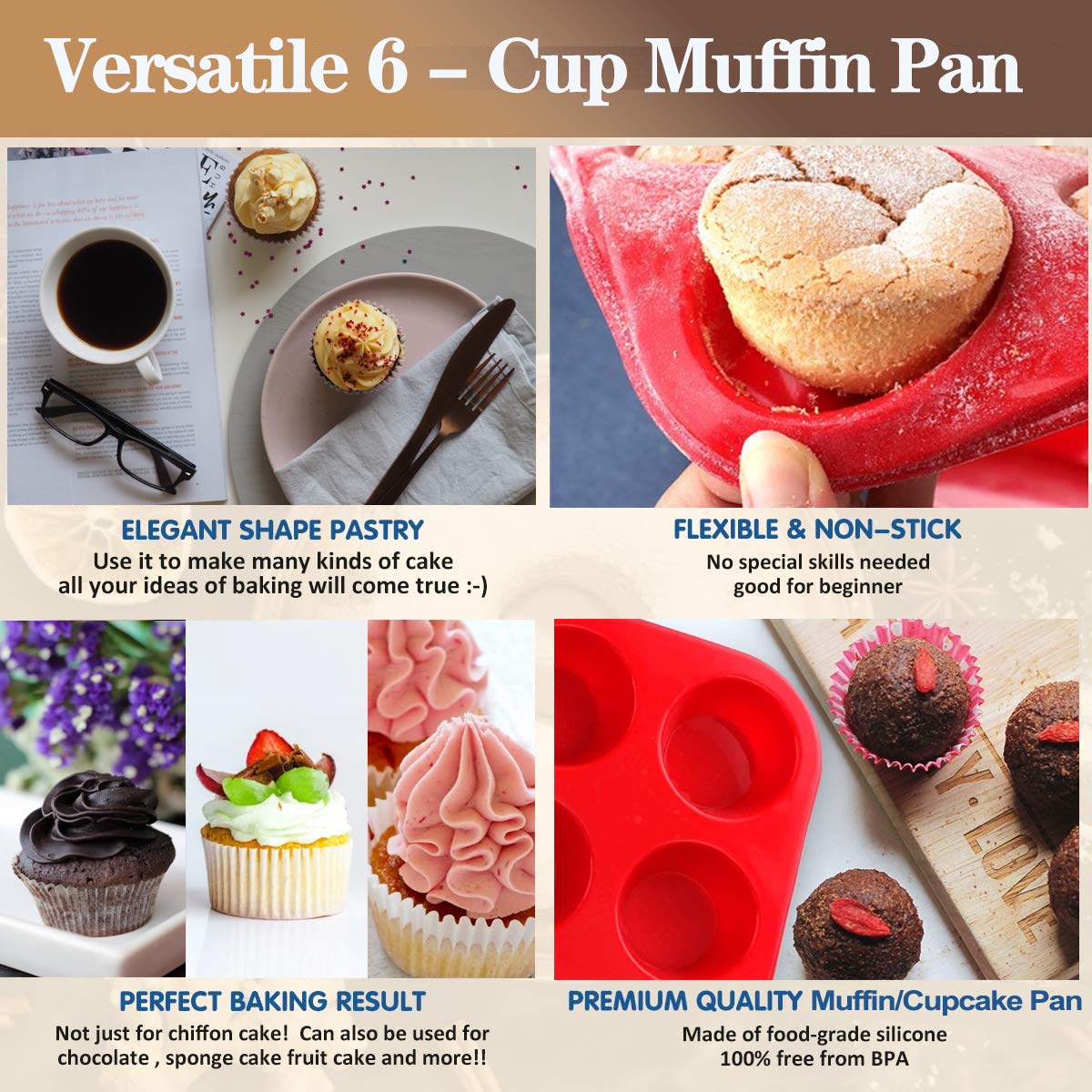 Aokinle Silicone Muffin Pan, European LFGB Silicone Cupcake Baking Pan, 6 Cup Muffin, Non-Stick Muffin Tray, Egg Muffin Pan, Food Grade Muffin Molds, BPA Free Muffin Tins Red