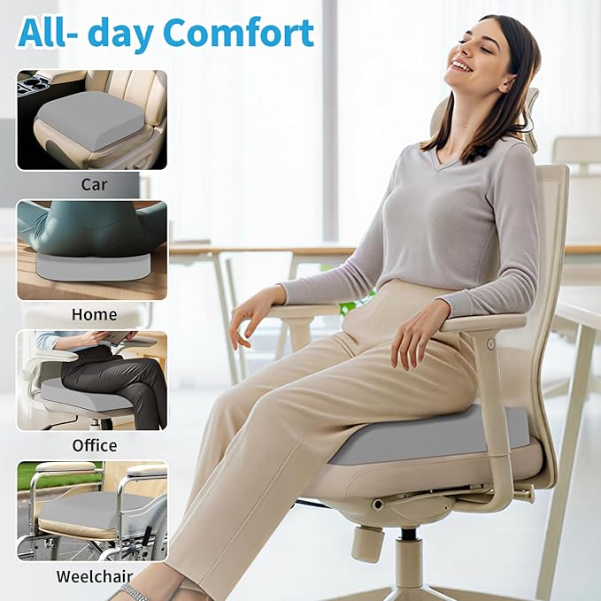 TranquilRelax Large Seat Cushion, Memory Foam Cushion for Long Sitting Hours on Office Chair, Home & Car, Non-Slip Chair Pad for Relieving Back & Sciatica & Hip & Coccyx Pain (Light Grey)