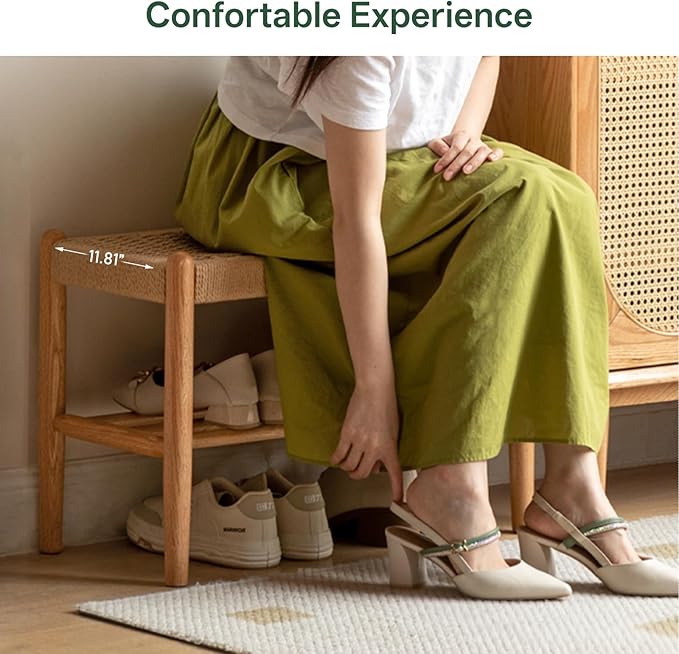 Vadisun Solid Oak Shoe Bench Assembled, Farmhouse Shoe Rack Bench with Woven Rope Design for Entryway, Living Room, Bedroom, Hallway, 11.8" x 23.6" x 16.1", Natural