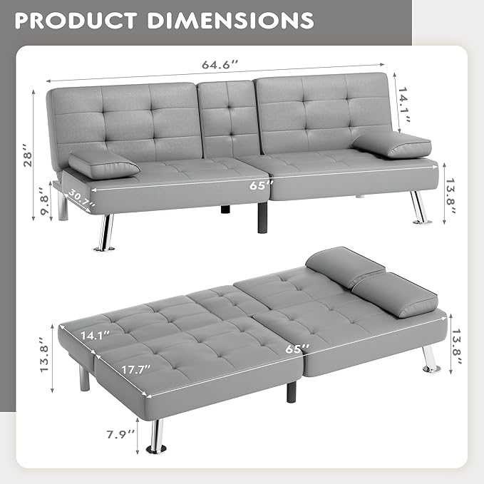 JUMMICO Faux Leather Futon Sofa Bed Futon Couch with Removable Armrests Adjustable Sleeper Sofa Bed with 2 Cup Holders for Living Room (PU Leather, Grey)