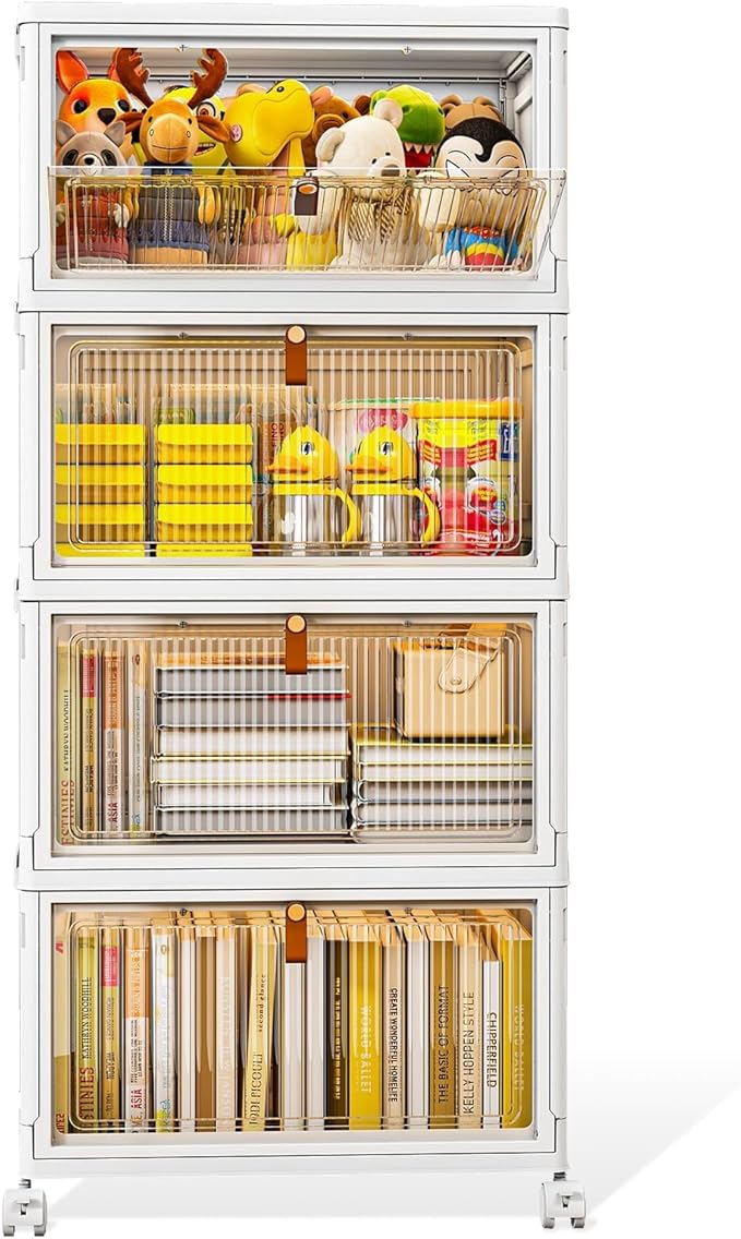 4 Tier Stackable Storage Bins with Lids, 28Qt Plastic Storage Containers with Magnetic Doors & Wheels, Convenient Storage Bins Closet Organizers, Household Organization for Home, Party, Office, Dorm