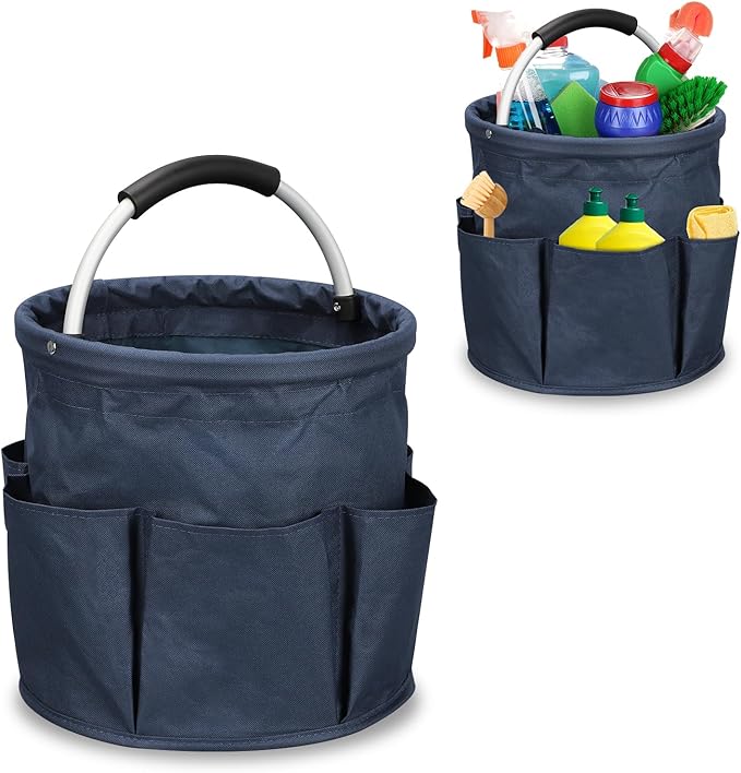17L Cleaning Caddy with Handle,Foldable Tool Storage Basket,Garden Tool Organizer with 6 Pockets,Portable Cleaning Bucket Organiser for Storing Towels,Home Storage (Navy Blue)
