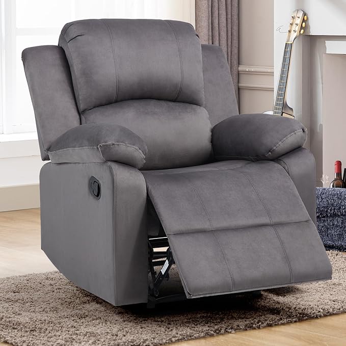 CANMOV Manual Recliner Chair, Soft Fabric Overstuffed Recliner Single Sofa Chair for Living Room Bedroom, Heavy Duty and Safety Reclining Mechanism, Dark Grey