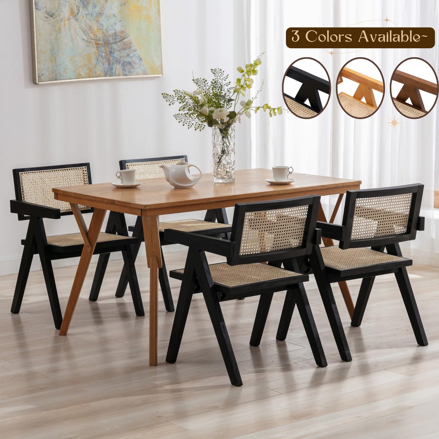 ChicAura Rattan Dining Chairs Set of 4, Mid Century Modern Dining Room Chairs Wicker Armchair Comfy Side Chair Black Wood Boho Kitchen Cane Side Chairs with Arms for Dining Room Bistro
