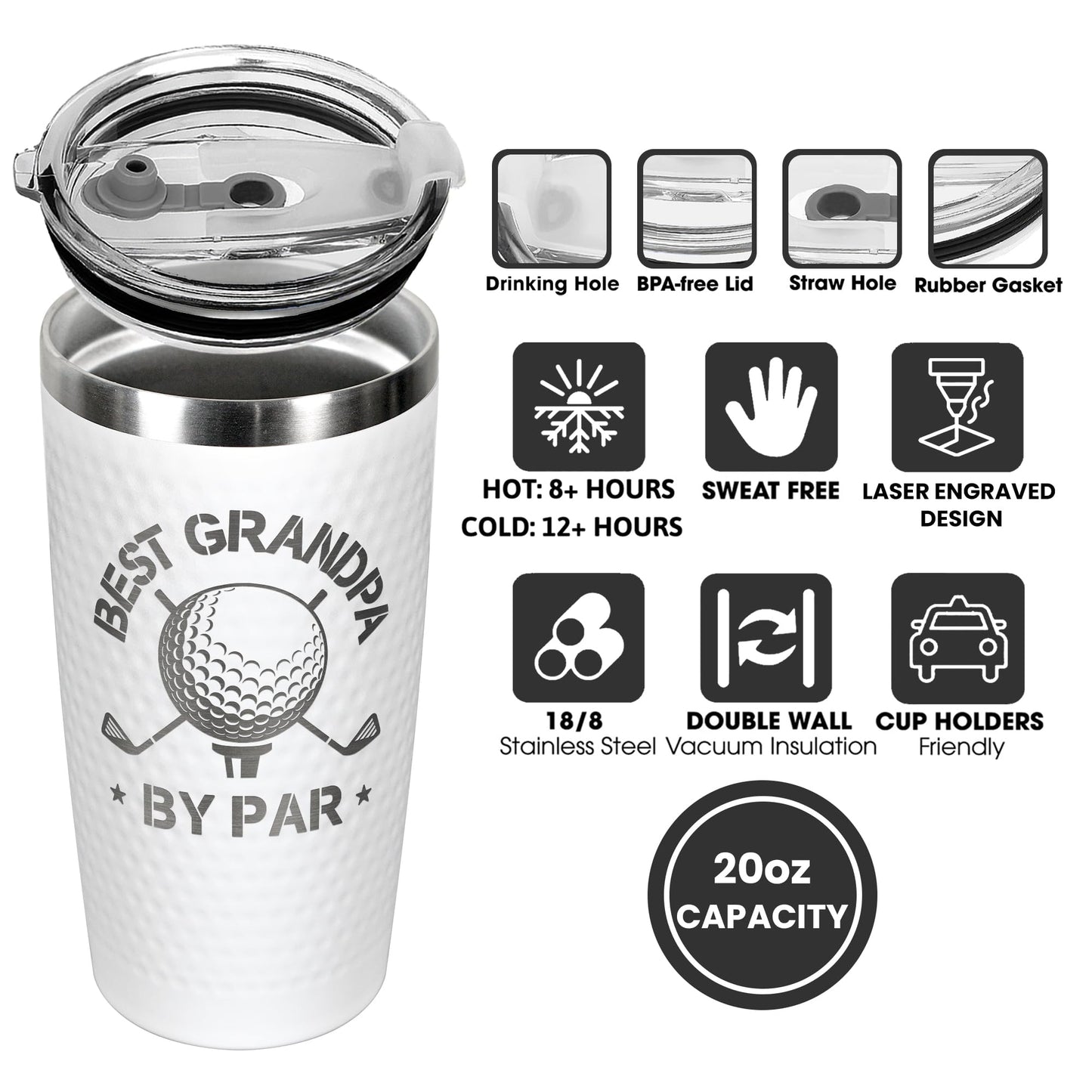 HUNIGIFT Grandpa Gifts - Fathers Day Gift for Grandpa by Par - Fathers Day Golf Gifts for Grandfather Golfer Men from Grandkids, Granddaughter, Grandson - 20 Oz Stainless Steel Tumbler