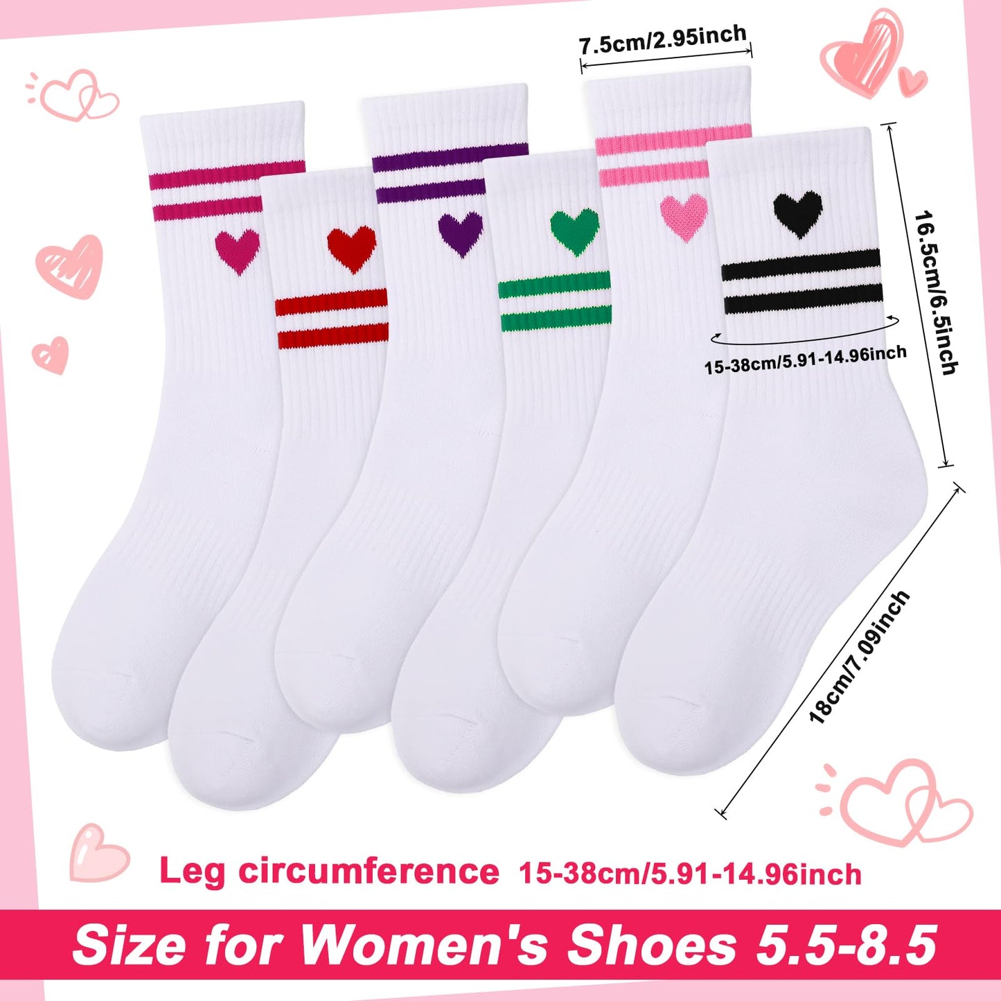Jspupifip Heart Socks 6 Pairs Crew Athletic Cotton Women Striped Socks with Retro Stripes Hearts M
