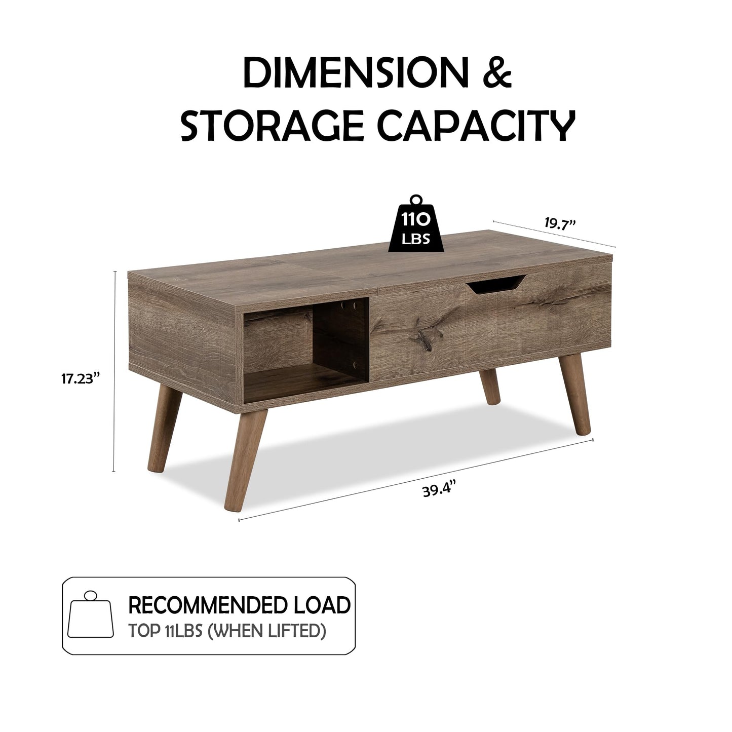 VICTORY RELAX Lift-Top Coffee Table with Hidden Storage and 2 Open Cubbies, Coffee Table with Storage for Living Room, Center Table for Living Room, Designed for Workspace and Relaxation (Grey)