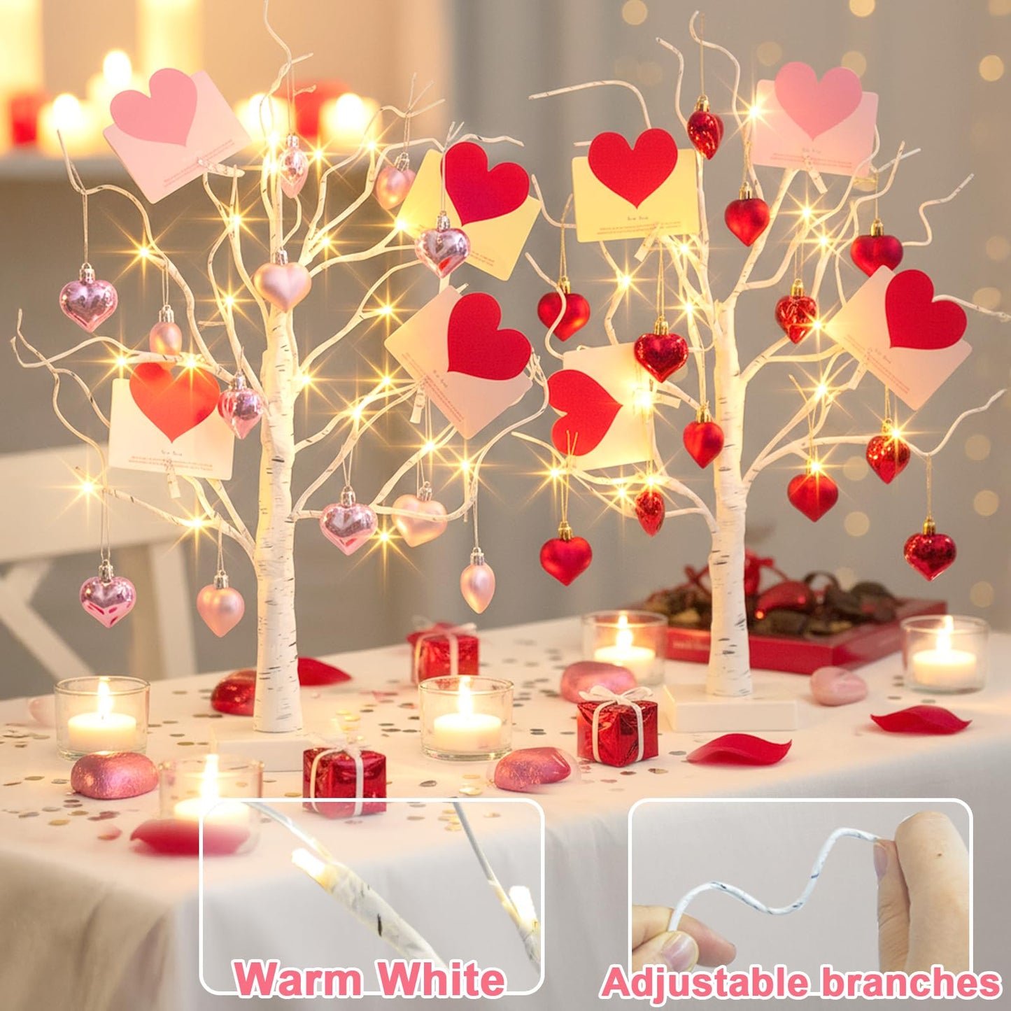 PEIDUO Valentine's Day Decorations, Set of 2 Gift Card Tree with 24 Hanging Heart Ornaments, for Home Indoor Bedroom Anniversary Wedding Party Decor, 6H/18H Timer