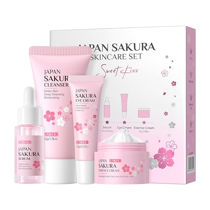 LAIKOU Skin Care Set, Facial Skin Care Products, Skin Care Kit with Sakura Serum, Cleanser, Eye Cream, Essence Cream 4pcs for Women Teen Girls Mom Daughter Lover Mother's Day Birthday Christmas