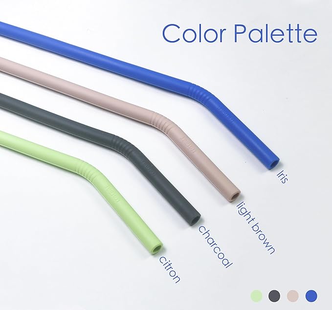 Stanley Cup Accessories 14” Extra Long Silicone Reusable Replacement Drinking Straws for 40 oz Quencher Tumbler,Wine Bottle-Blue Iris,Green Citron,Charcoal,Light Brown With Bendable Brush