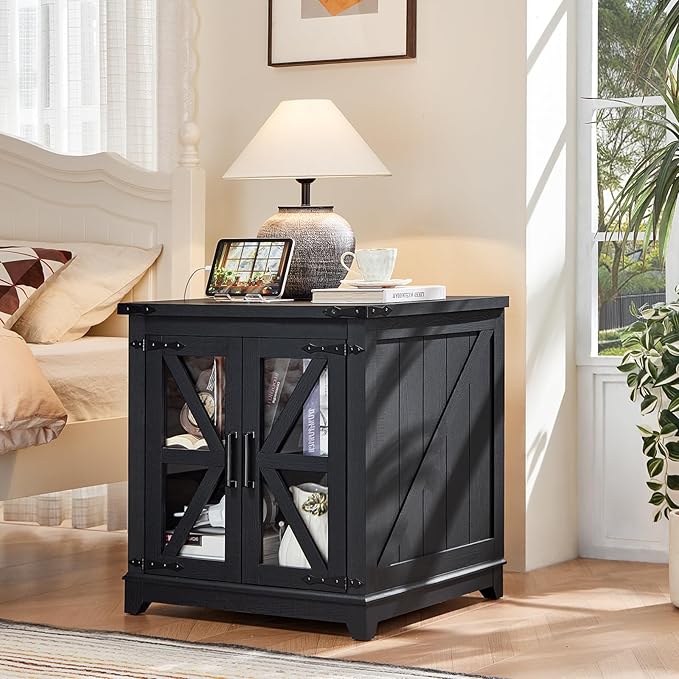 Joaxswe Farmhouse End Table with Charging Station, 24" Large Sofa Side Table with Glass Barn Door,Black Nightstand with Adjustable Storage Shelf,Wood Square Bedside Table for Living Room,Bedroom