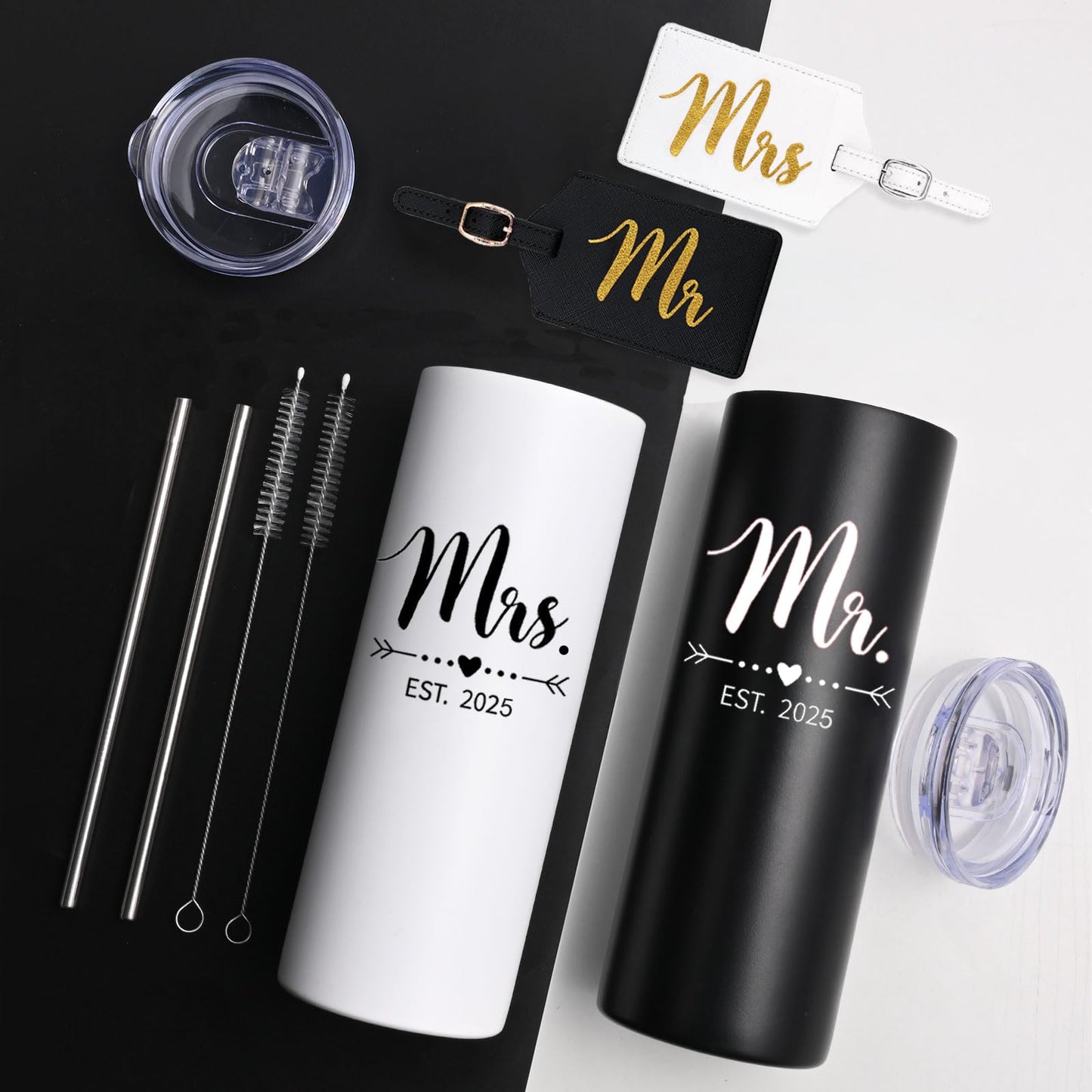 DHQH Personalized Mr and Mrs EST 2025 Gift Stainless Steel Travel Tumbler & Leather Luggage Tag Set - Wedding Gifts for Couples 2025 Perfect Newlywed, Engagement and Bridal Shower Gifts