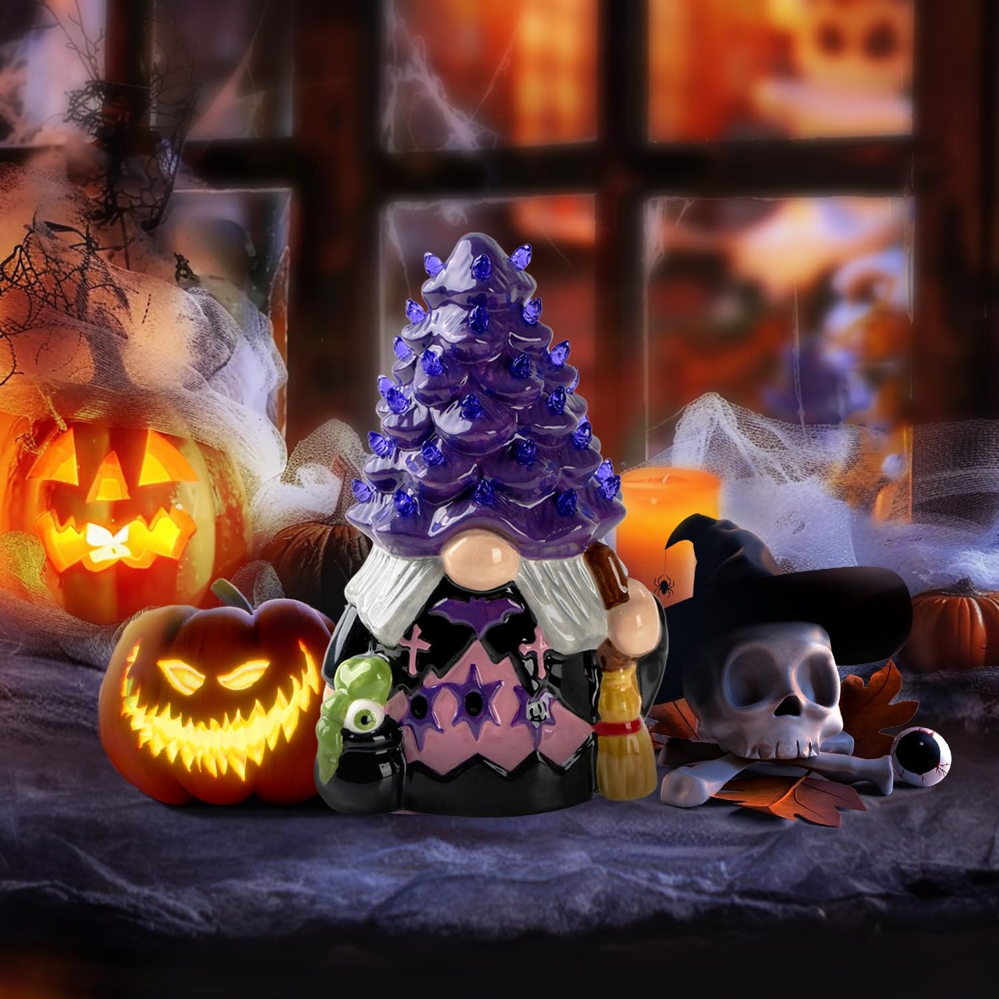 AlevaHive Ceramic Gnome Halloween Decorations - Witches Gnome Ceramic Tree Lighted - Black Decor Bedroom Indoor, Halloween Centerpieces for Table Decor