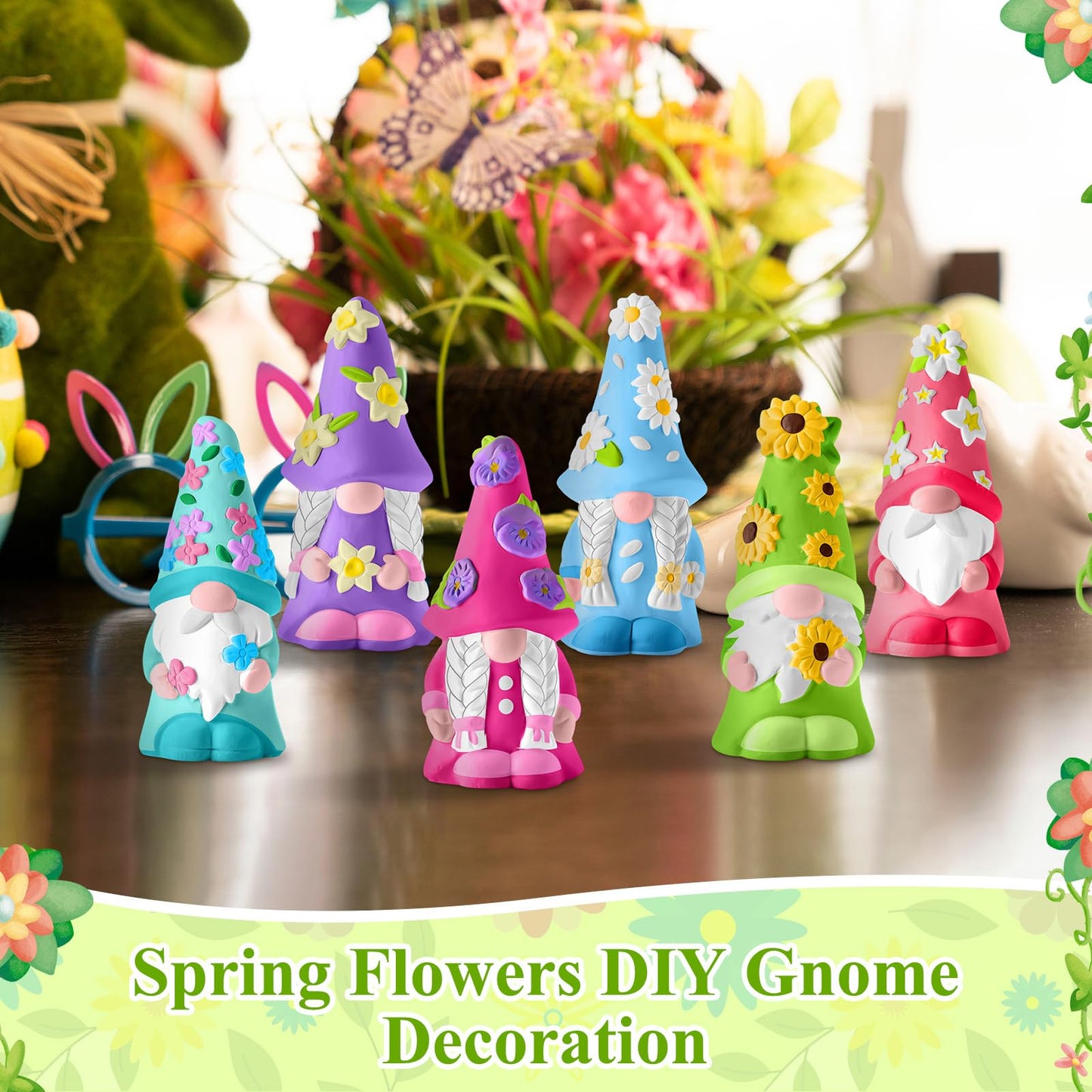 Arrowbash 6 Pcs Spring Ceramics to Paint Ready to Paint Your Own Gnome Statues 5.12 Floral Theme Paintable Figurines DIY Unpainted Sunflowers Ceramics Plaster Crafts Kit with Brush Palette Paint