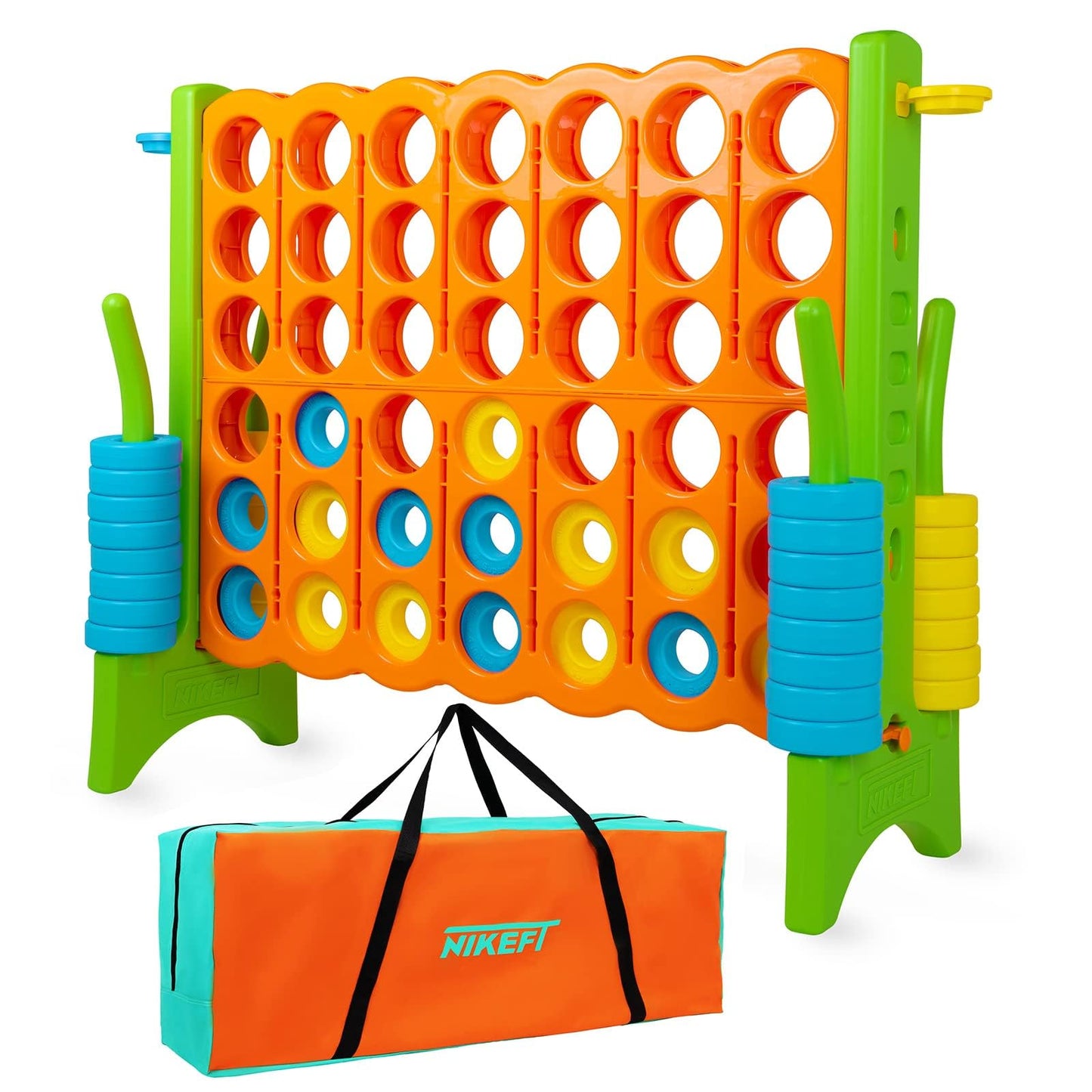 Oversized 4 in a Row Connect Game+Waterproof Carry Bag,Included-4 ft X 3.5 ft Tall,4-to-Score Jumbo with 44 Pieces Rings&Drink Holder,48” Super Size-Indoor&Outdoor Giant 4 Game for Kids&Adults