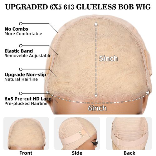 Bob Wig Human Hair Blonde 613 Wigs Human Hair Wear and Go 6x5 Glueless Wigs Pre Cut 210% Density 613 Lace Front Wig Human Hair 613 Closure Bob Wig Real Pre Bleached Tiny Knots（10inch,613 Glueless Bob）
