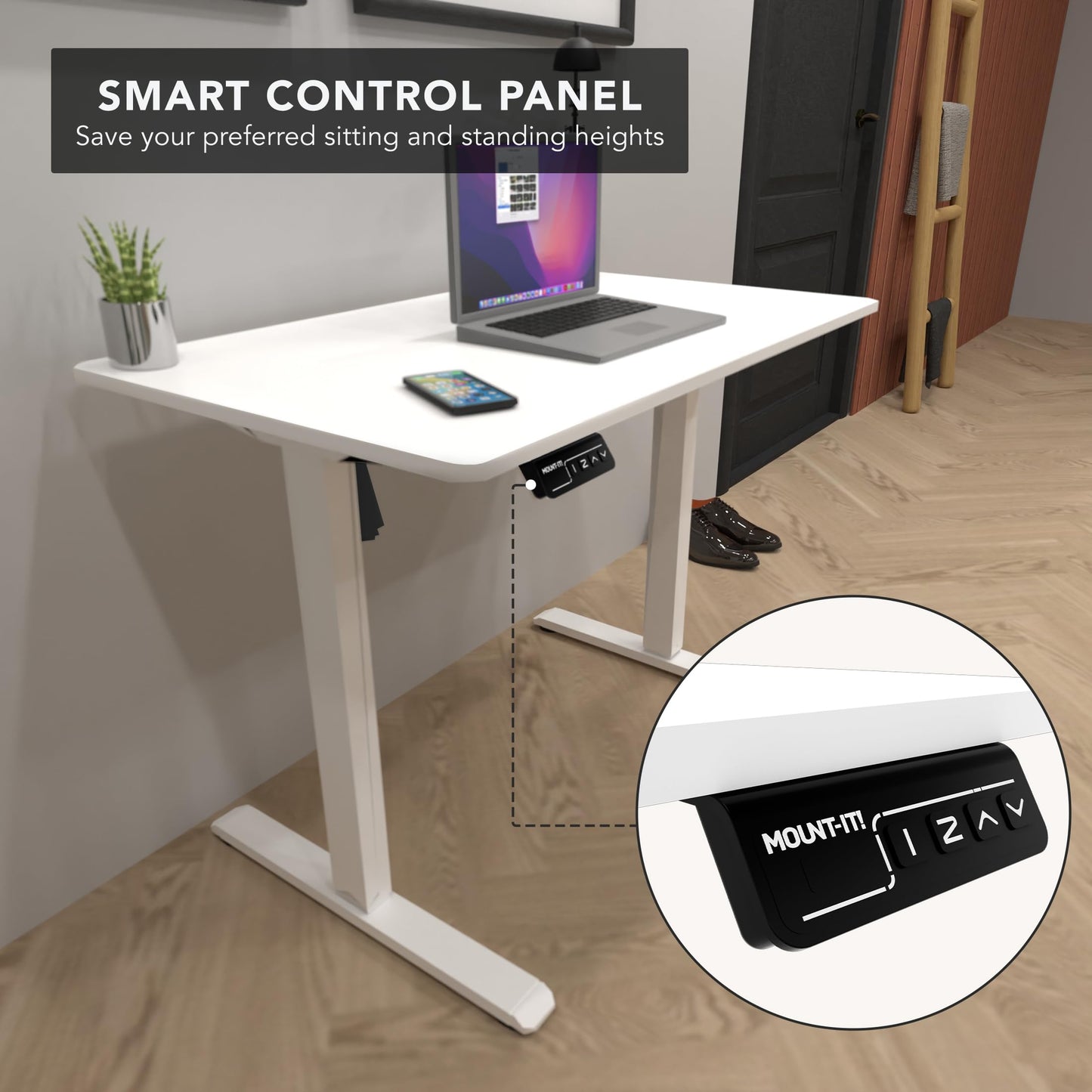 Mount-It! White Standing Desk 48x24 – Electric Height Adjustable Sit to Stand Desk with Memory Presets, Ergonomic Home Office Table, White Frame with White Splice Board Top
