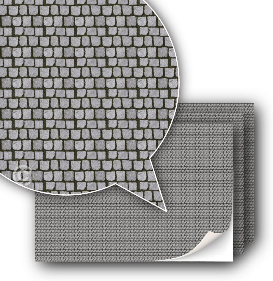 3 Sheets Self-Adhesive Decorative Film Paving Stones and Surfaces for Model Making in Scale 1:87 Scale H0 (UK: 3.5 mm Scale) (Cobblestone)