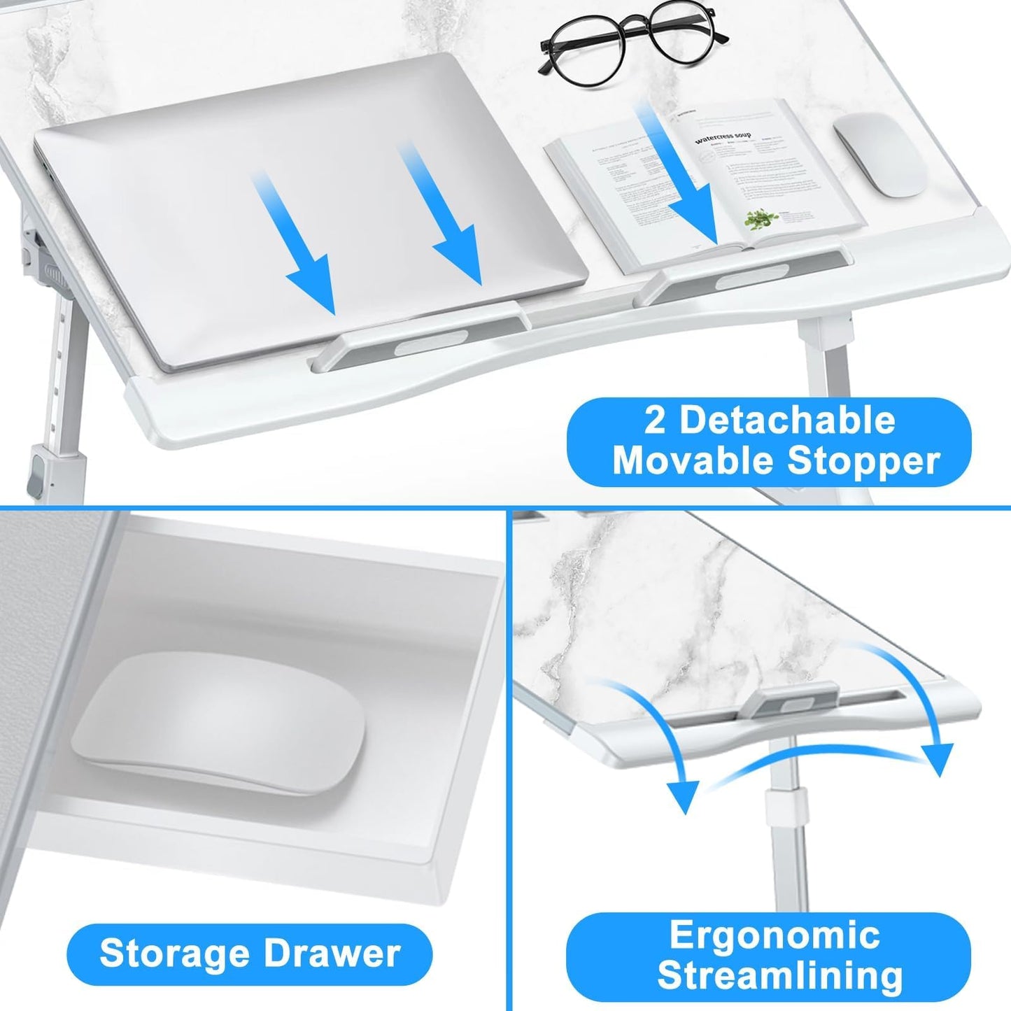 EVETTO Bed Desk for Laptop - Marble Pattern, Adjustable X-Large Foldable Lap Desk, Laptop Lap Desk with 2 Movable Stoppers and Drawer for Bed Couch Floor Writing Eating Working (23.6 inch)