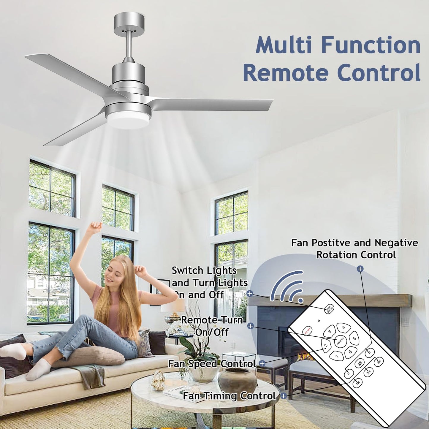 Biukis Ceiling Fans With Lights,Indoor And Outdoor Black Ceiling Fan With Remote Control, 52-Inch Modern Ceiling Fans With Rever