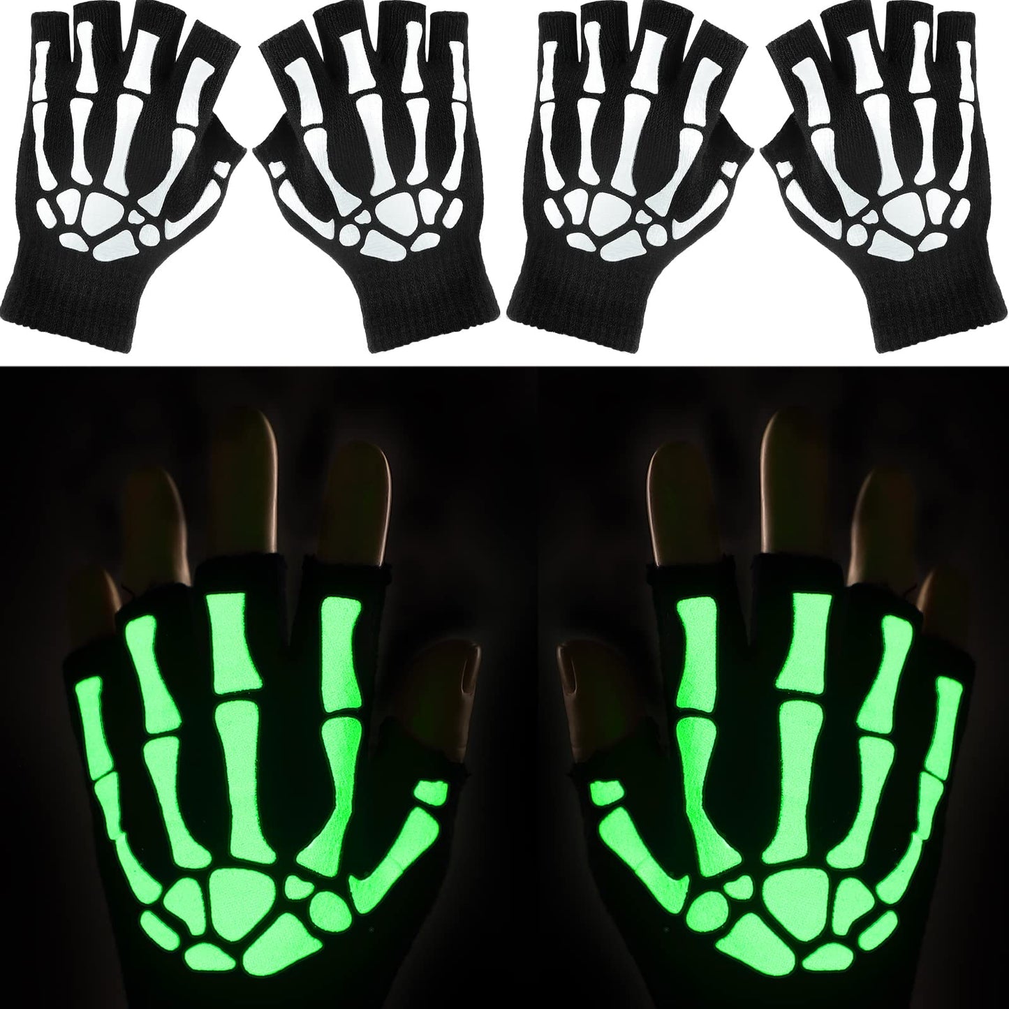 Tatuo 3 Pairs Skeleton Fingerless Glove Glow in the Dark Glove for Kid Adult Halloween(Large)