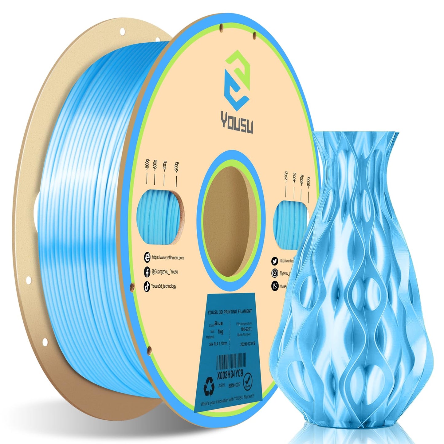 YOUSU Silk Blue PLA 3D Printer Filament 1.75 mm 1KG 2.2 LBS Spool 3D Printing Material Shine Silky Shiny Metallic Metal PLA Fila