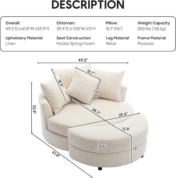 Yoglad Oversized Round Swivel Accent Chair - Modern 360 Degree Barrel Chairs with Storage Ottoman, for Living Room, Bedroom(Chenille- Cream)