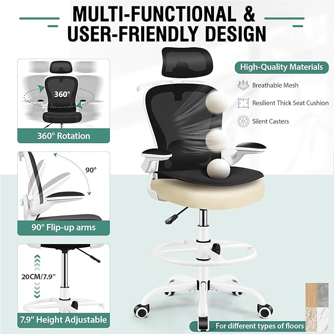 Drafting Chair, Tall Office Chair with 3D Lumbar & Head Support, Ergonomic Mesh Standing Desk Chair with Footring, Comfy Extended High Desk Chair with Flip-Up Arms & Hanger,White